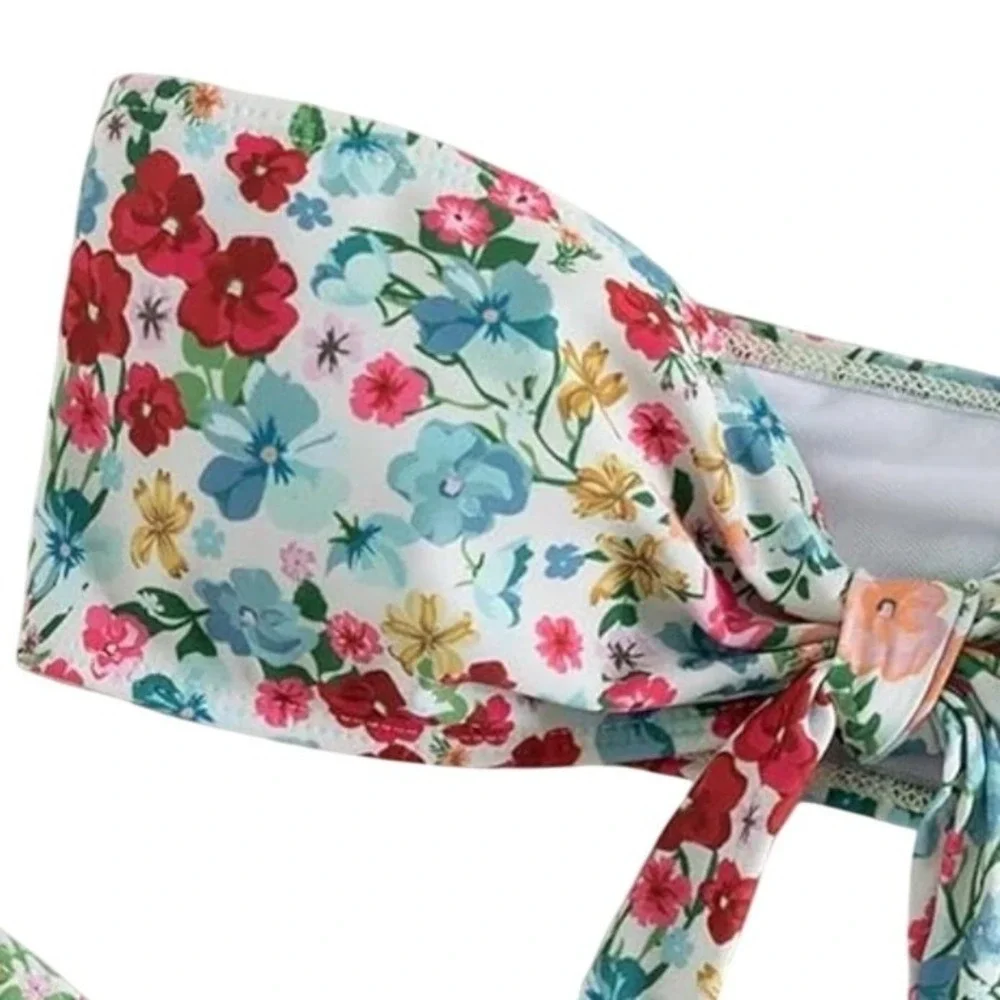 Floral Bandeau Tie Front Bikini Set Multicolor High Cut Swimsuit Large‎